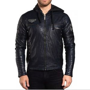 Affliction Men's Jacket Leather RUINS Hooded Biker Skull Black